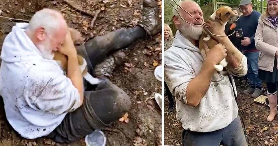 A man breaks down in tears as strangers come to the rescue, saving his missing dog from a fox hole.