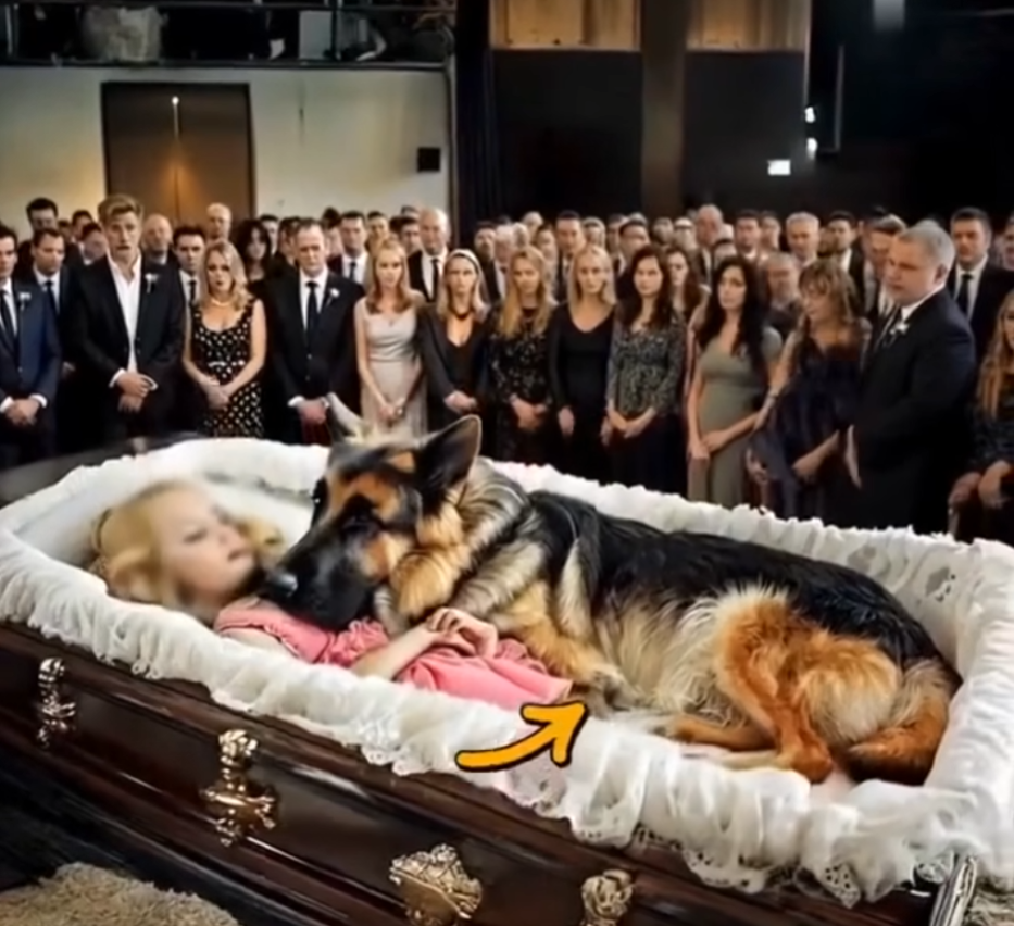 A German Shepherd refused to leave the side of a girl’s coffin.