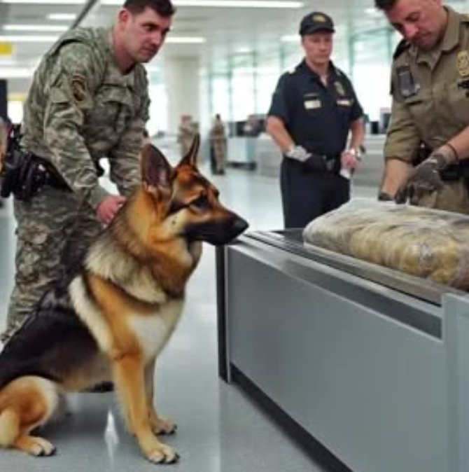 At the airport, the police dog spotted a bag, started whining, and stared intently at the border guard.
