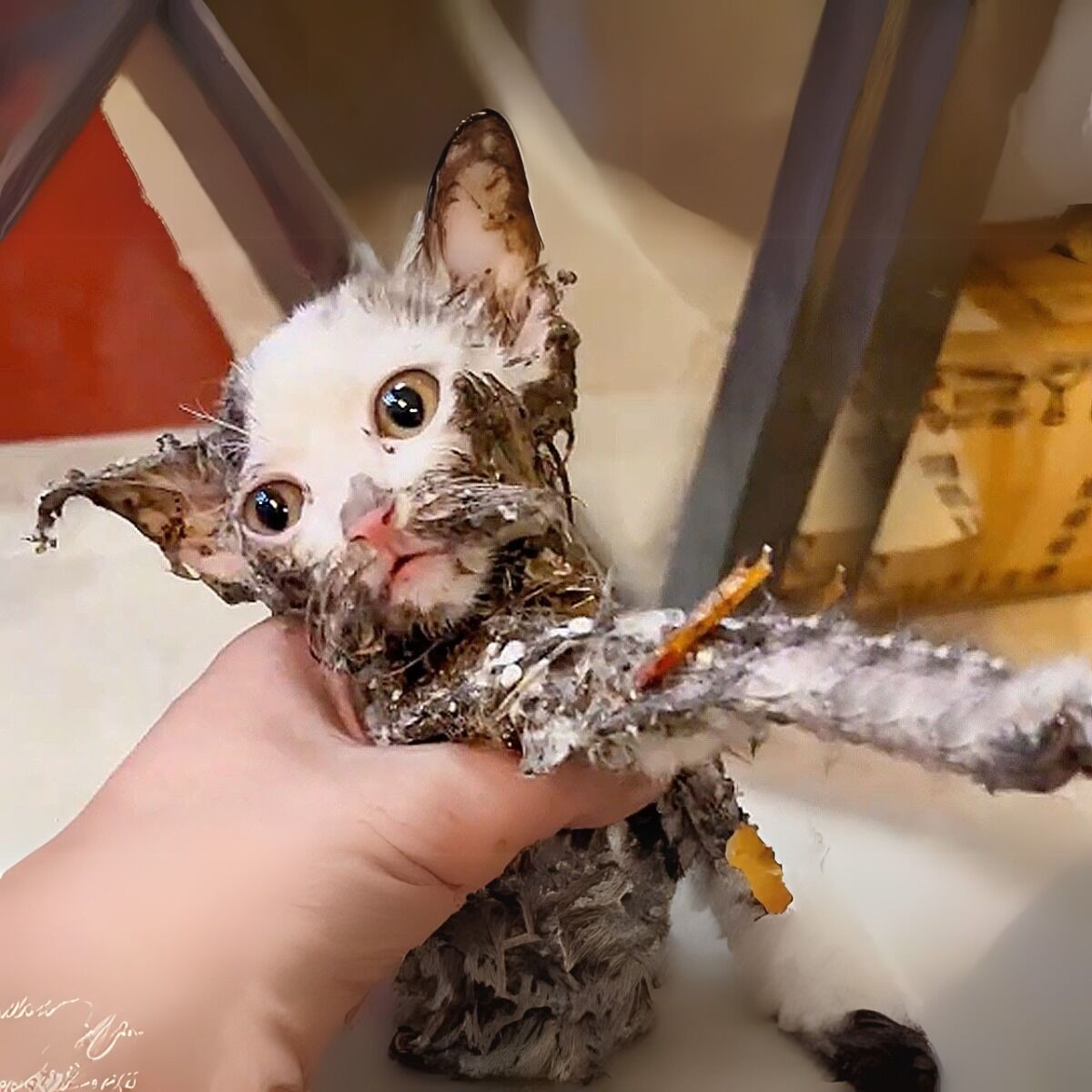 A cat abandoned in the trash was stuck on a glue trap; I used oil to clean it three times